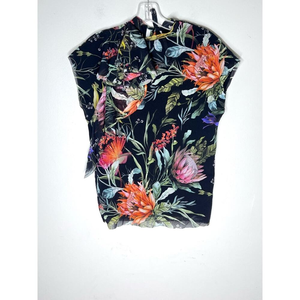 Fuzzi Mesh Blouse Sleeveless Black Floral Tropical Side Ruffle High Neck Sz S - Picture 2 of 7